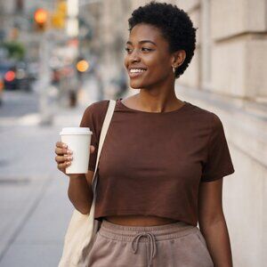Reoria Chocolate Brown Cropped Short Sleeve Stretch Top Minimalist - SZ L